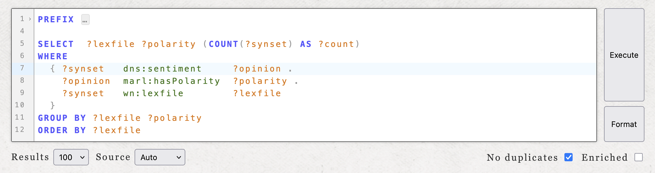The SPARQL editor with a SELECT query